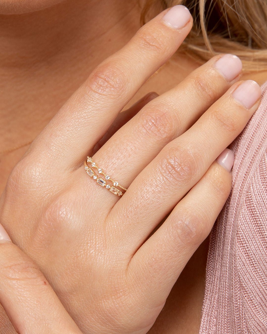 Diamond and White Topaz Ring set || option::14k Solid Gold